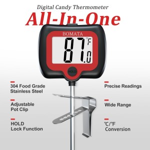 BOMATA Digital Candy Thermometer with Pot Clip, Deep Fry Oil Thermometer with Rotatable Display & Long Probe, for Candy Candle Making, Cooking, Food, Liquids, Water, Sugar.. Black