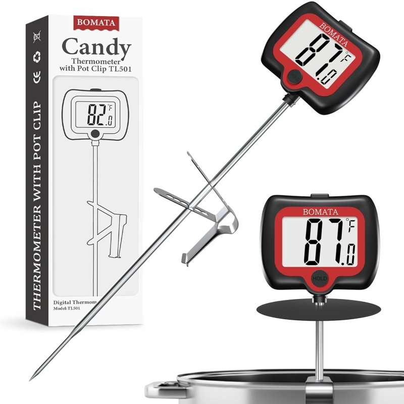 BOMATA Digital Candy Thermometer with Pot Clip, Deep Fry Oil Thermometer with Rotatable Display & Long Probe, for Candy Candle Making, Cooking, Food, Liquids, Water, Sugar.. Black
