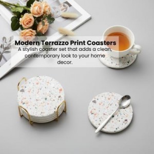 Terrazzo Drink Absorbent Coasters with Holder Set of 6, Ceramic Coaster for Drinks, Coffee Table Decor, Water Absorbing Stone Coaster for Drinks (Marble)