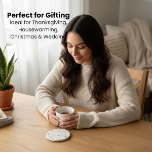 Terrazzo Drink Absorbent Coasters with Holder Set of 6, Ceramic Coaster for Drinks, Coffee Table Decor, Water Absorbing Stone Coaster for Drinks (Marble)