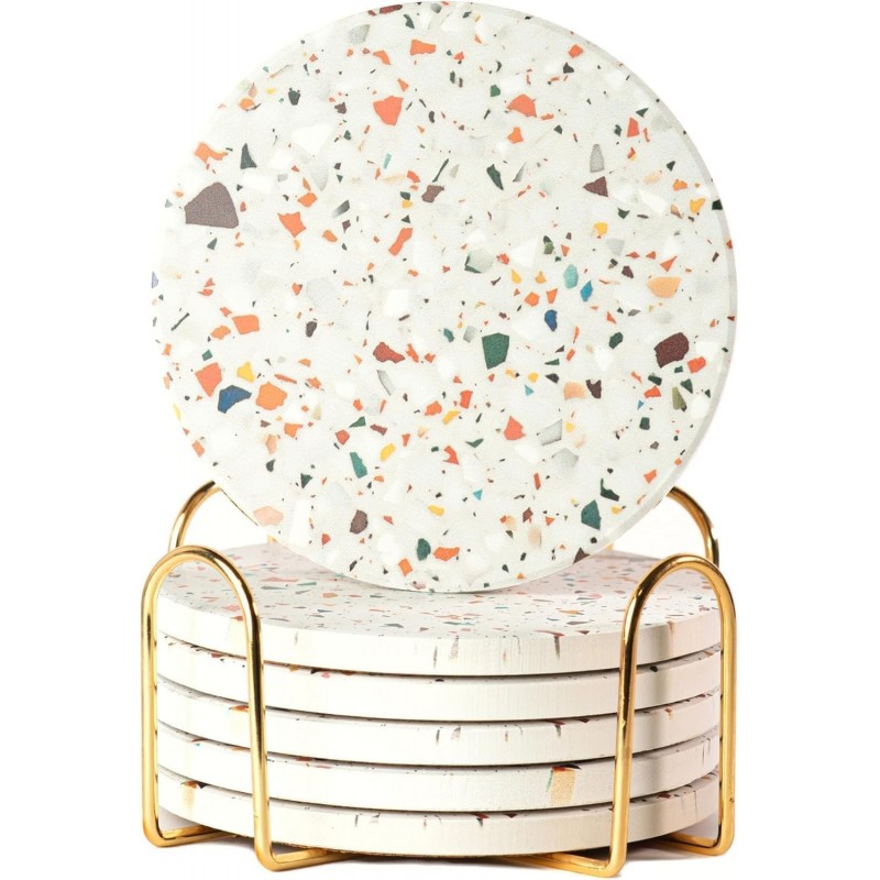 Terrazzo Drink Absorbent Coasters with Holder Set of 6, Ceramic Coaster for Drinks, Coffee Table Decor, Water Absorbing Stone Coaster for Drinks (Marble)