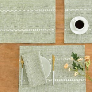 Wracra Cotton Linen Placemats, 12 x 18 Inch Set of 4 Fete Placemats Rustic Hemstitch Place Mats for Kitchen Table and Heat Resistant-Sage Green