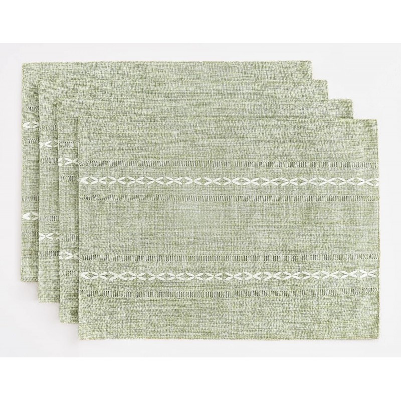 Wracra Cotton Linen Placemats, 12 x 18 Inch Set of 4 Fete Placemats Rustic Hemstitch Place Mats for Kitchen Table and Heat Resistant-Sage Green