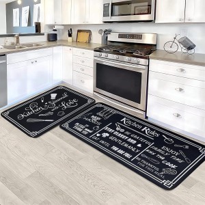 Black and White Kitchen Rugs,Non Skid Washable Microfiber mats for Kitchen Floor,Kitchen Rules Theme Cushioned Runner Rug Decor Sets of 2,Size 17
