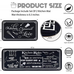 Black and White Kitchen Rugs,Non Skid Washable Microfiber mats for Kitchen Floor,Kitchen Rules Theme Cushioned Runner Rug Decor Sets of 2,Size 17
