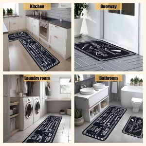 Black and White Kitchen Rugs,Non Skid Washable Microfiber mats for Kitchen Floor,Kitchen Rules Theme Cushioned Runner Rug Decor Sets of 2,Size 17