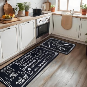 Black and White Kitchen Rugs,Non Skid Washable Microfiber mats for Kitchen Floor,Kitchen Rules Theme Cushioned Runner Rug Decor Sets of 2,Size 17