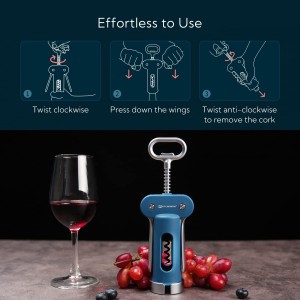 KITCHENDAO Luxury 3 in 1 Wine Opener with Foil Cutter, Beer Bottle Opener, Sturdy Zinc Alloy Wing Corkscrew with Self-centering Non-stick Sharp Screw, Easy to Remove Cork, Manual Corkscrew (Blue)
