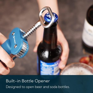 KITCHENDAO Luxury 3 in 1 Wine Opener with Foil Cutter, Beer Bottle Opener, Sturdy Zinc Alloy Wing Corkscrew with Self-centering Non-stick Sharp Screw, Easy to Remove Cork, Manual Corkscrew (Blue)