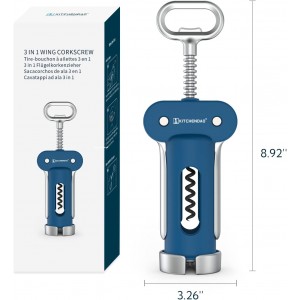 KITCHENDAO Luxury 3 in 1 Wine Opener with Foil Cutter, Beer Bottle Opener, Sturdy Zinc Alloy Wing Corkscrew with Self-centering Non-stick Sharp Screw, Easy to Remove Cork, Manual Corkscrew (Blue)