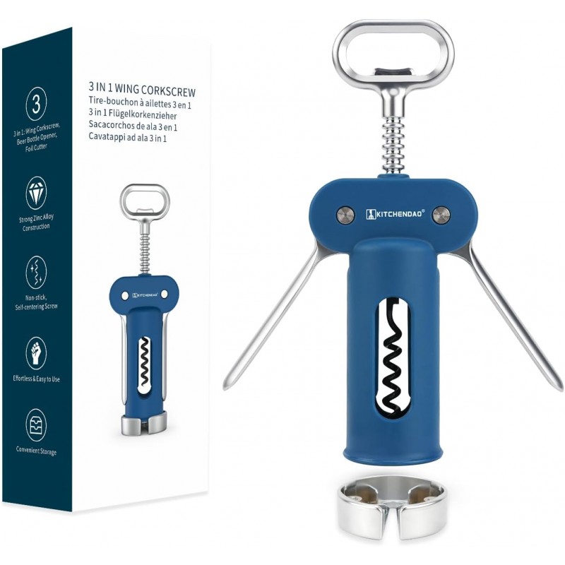 KITCHENDAO Luxury 3 in 1 Wine Opener with Foil Cutter, Beer Bottle Opener, Sturdy Zinc Alloy Wing Corkscrew with Self-centering Non-stick Sharp Screw, Easy to Remove Cork, Manual Corkscrew (Blue)