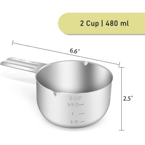 1PCS 2Cup (480ml, 16oz) Single Measuring Cup, Stainless Steel Measure Scoop, Metric and US Measurement, Dishwasher Safe