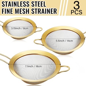 Norme 5 Quart Stainless Steel Gold Colander and 3 Pcs Gold Fine Mesh Strainer, Stainless Steel Pasta Rice Food Metal Strainer with Handles, Easy Clean and Dishwasher Safe