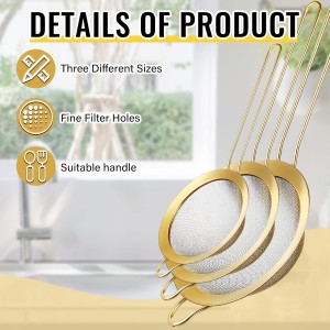 Norme 5 Quart Stainless Steel Gold Colander and 3 Pcs Gold Fine Mesh Strainer, Stainless Steel Pasta Rice Food Metal Strainer with Handles, Easy Clean and Dishwasher Safe