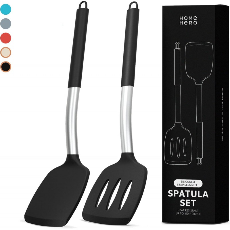 Home Hero Silicone Spatula Set - Heat Resistant Spatulas for Cooking - Ergonomic Stainless Steel Cooking Utensils - Solid & Slotted Silicone Turners - Pack of 2, Black