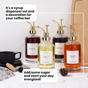 Molimoli Coffee Syrup Dispenser for Coffee Bar, Coffee Pump Dispenser, Glass Syrup Bottle w. Pump, Maple/Coffee Syrup Bottles, Set of 4 w. Labels, Gold