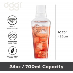 OGGI Clear Cocktail Shaker - 24 oz / 700 ml, Clear Durable Plastic Construction, Built in Strainer - Ideal Home Bar Drink Mixer, Bartender Kit, Essential Bar Accessories