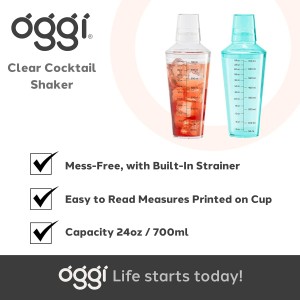 OGGI Clear Cocktail Shaker - 24 oz / 700 ml, Clear Durable Plastic Construction, Built in Strainer - Ideal Home Bar Drink Mixer, Bartender Kit, Essential Bar Accessories
