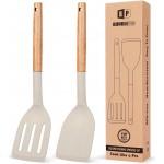 Pack of 2 Silicone Cooking Spatula, Heat Resistant Solid Turner, Non Stick Slotted Spatulas with Wooden Short Handle,Ideal Wood Kitchen Utensils Set for Frying, Baking, Flipping, Turning