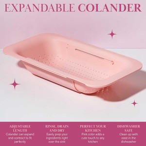 Paris Hilton Over the Sink Expandable Colander, Extendable Strainer, Adjustable from 14.5 inches to 19.5 inches, Fits most kitchen sinks, Made without BPA, Pink