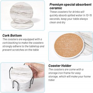 Acejoz Drink Coasters with Holder for Coffee Table, Absorbent Coaster Set of 6, Marble Style Ceramic Coaster for Wooden Table, Suitable for Kinds of Cups, Home Decor, 4 Inches