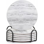 Acejoz Drink Coasters with Holder for Coffee Table, Absorbent Coaster Set of 6, Marble Style Ceramic Coaster for Wooden Table, Suitable for Kinds of Cups, Home Decor, 4 Inches