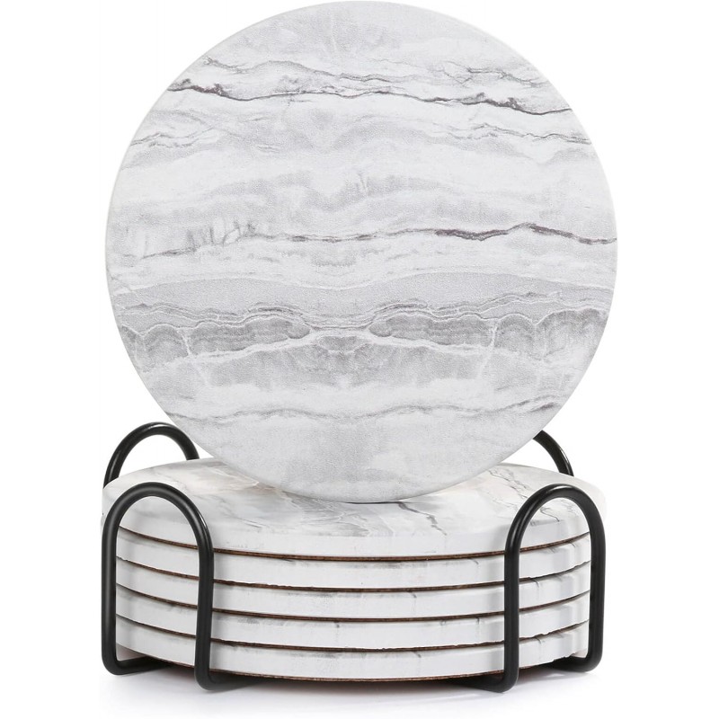 Acejoz Drink Coasters with Holder for Coffee Table, Absorbent Coaster Set of 6, Marble Style Ceramic Coaster for Wooden Table, Suitable for Kinds of Cups, Home Decor, 4 Inches