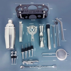 Cocktail Shaker Set, 24oz Cocktail Shaker 21-Piece Stainless Steel Bar Tools Bartending Kit with Black Acrylic Stand Cocktail Recipes Booklet for Drink Mixing, Home, Bar, Party (Stainless Steel)