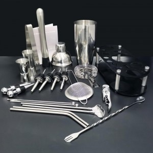 Cocktail Shaker Set, 24oz Cocktail Shaker 21-Piece Stainless Steel Bar Tools Bartending Kit with Black Acrylic Stand Cocktail Recipes Booklet for Drink Mixing, Home, Bar, Party (Stainless Steel)