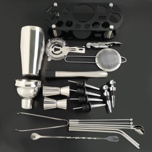 Cocktail Shaker Set, 24oz Cocktail Shaker 21-Piece Stainless Steel Bar Tools Bartending Kit with Black Acrylic Stand Cocktail Recipes Booklet for Drink Mixing, Home, Bar, Party (Stainless Steel)