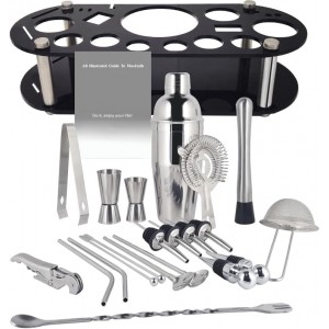 Cocktail Shaker Set, 24oz Cocktail Shaker 21-Piece Stainless Steel Bar Tools Bartending Kit with Black Acrylic Stand Cocktail Recipes Booklet for Drink Mixing, Home, Bar, Party (Stainless Steel)