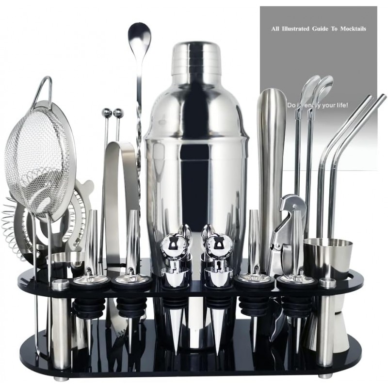 Cocktail Shaker Set, 24oz Cocktail Shaker 21-Piece Stainless Steel Bar Tools Bartending Kit with Black Acrylic Stand Cocktail Recipes Booklet for Drink Mixing, Home, Bar, Party (Stainless Steel)
