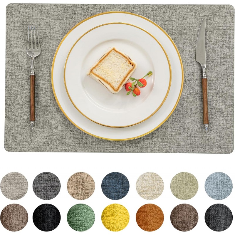 Romanstile Vinyl Placemats Set of 4-12 X 17 Inch - Faux Leather 100% Waterproof Oil-Proof Wipeable Place Mats, Heat Resistant Reversible PU Table Mats for Kitchen Dining Party Outdoor, Light Grey