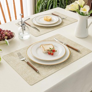 Romanstile Vinyl Placemats Set of 6-12 X 17 Inch - Faux Leather 100% Waterproof Oil-Proof Wipeable Place Mats, Heat Resistant Reversible PU Table Mats for Kitchen Dining Party Outdoor, Beige