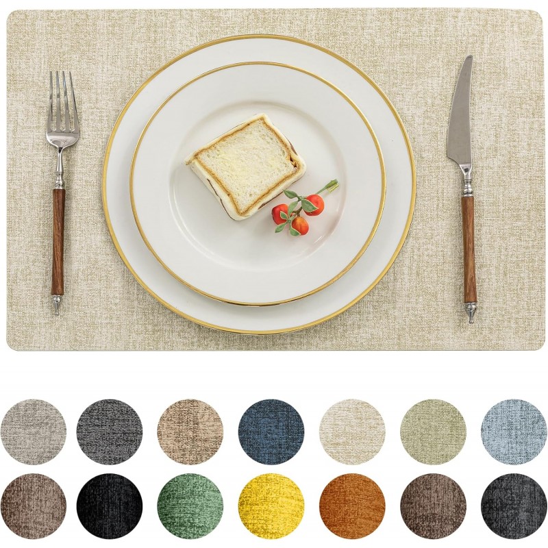 Romanstile Vinyl Placemats Set of 6-12 X 17 Inch - Faux Leather 100% Waterproof Oil-Proof Wipeable Place Mats, Heat Resistant Reversible PU Table Mats for Kitchen Dining Party Outdoor, Beige