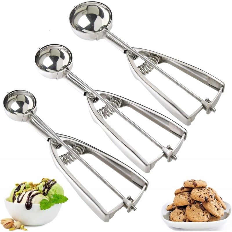 Ice Cream Scoop, 3Pcs Cookie Scoop Set, 18/8 Stainless Steel Cookie Dough Scoop, Cookie Scoops for Baking Set of 3, Ice Cream Scooper with Trigger Release, Cookie Scooper for Baking