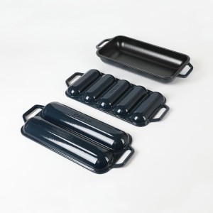 HAWOK Enameled Cast lron Baguette Bread Baker, 3-in-1 Baking Set with Full Baguette Tray, 5-Slot Mini Roll Tray & Reversible Lid Pan, 15 x 6.7 inch, Navy Blue