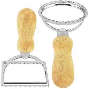 Ravioli Stamp Maker Cutter,Mold with Wooden Handle and Fluted Edge,Pasta Press Kitchen Attachment for perogis and ravioli（1 Round & 1 Square）