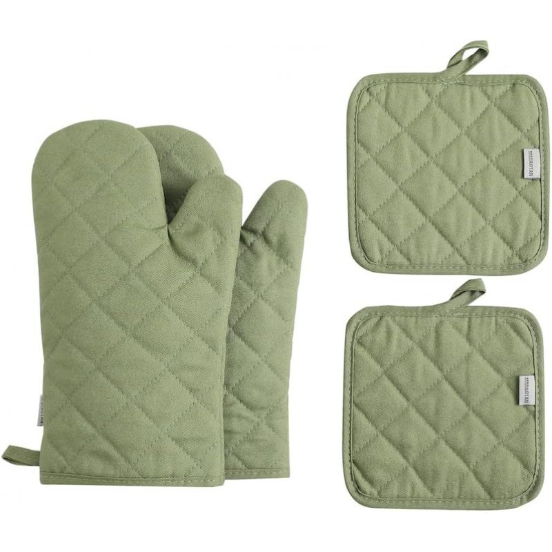Oven Mitts and Pot Holders 4 pcs Set,High Heat Resistant 500 Degree Extra Thicken Long Kitchen Cotton Oven Glove for Cooking (12 Inch,Green)