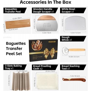 Premium Baguettes Transfer Peel Set with 2pcs Bread Proofing Cloth, Baking Couch - Bread Lame - Dough Scraper - Baking Tray