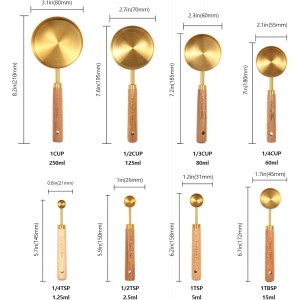 Gold Measuring Cups and Spoons Set with Fragrant Wood Handles, Premium Stainless Steel Measuring Spoons and Measuring Cups Set, For Cooking and Baking in the Kitchen (8 Piece)