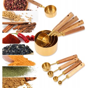 Gold Measuring Cups and Spoons Set with Fragrant Wood Handles, Premium Stainless Steel Measuring Spoons and Measuring Cups Set, For Cooking and Baking in the Kitchen (8 Piece)