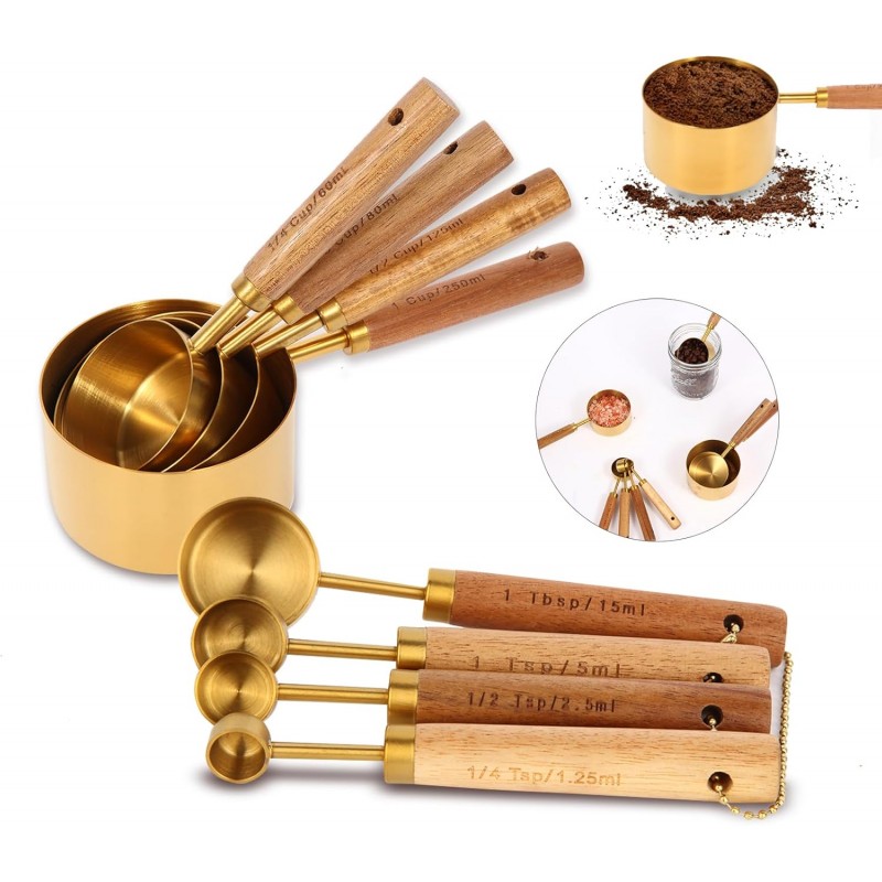 Gold Measuring Cups and Spoons Set with Fragrant Wood Handles, Premium Stainless Steel Measuring Spoons and Measuring Cups Set, For Cooking and Baking in the Kitchen (8 Piece)