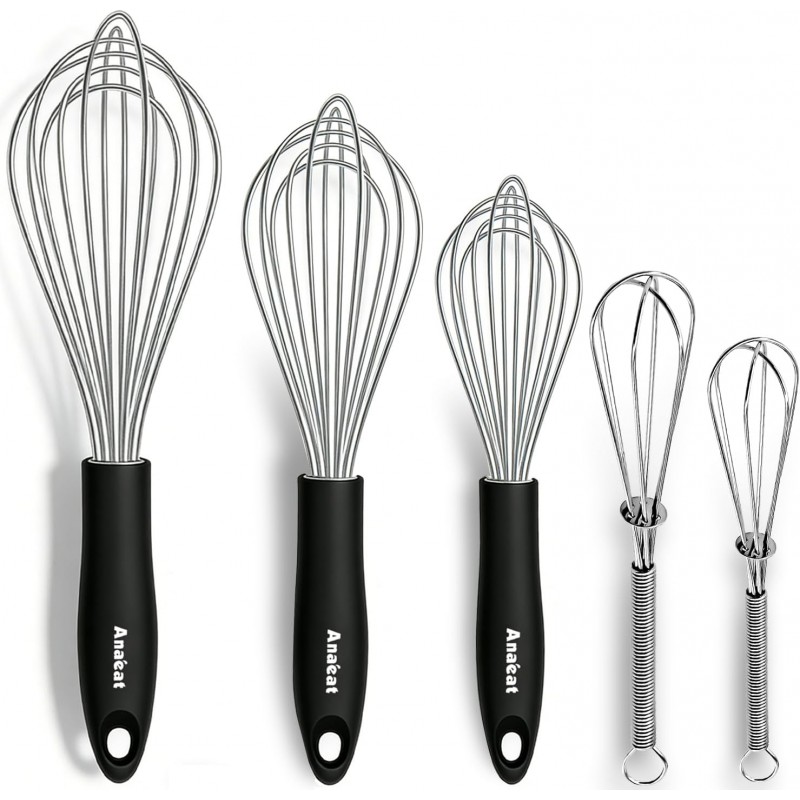 Anaeat Stainless Steel Kitchen Whisk Set of 5, Milk and Egg Beater Blender with Thick Wire for Whisking, Cooking, Baking, Beating and Stirring - 5