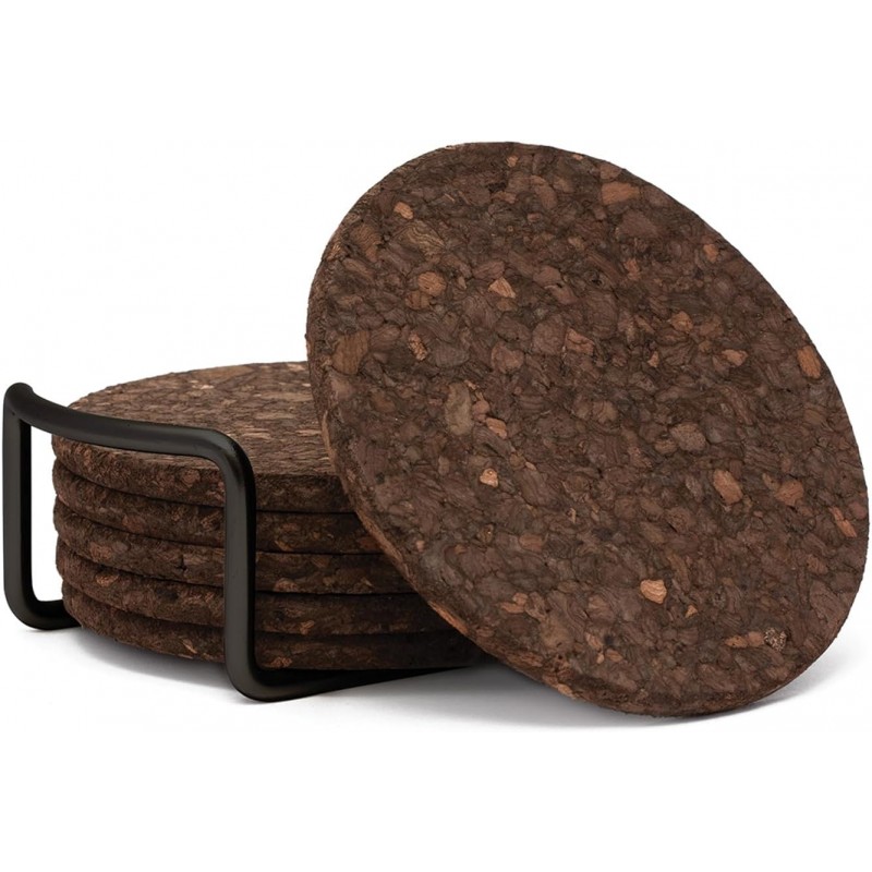 Thirstystone Set of 6 Thick Dark Cork Coasters in Attractive Black Coaster Holder 4.7