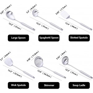 Stainless Steel Kitchen Utensils Set, 6 Pcs Professional All Metal Cooking Utensils Set 12-13.6 Inch, Wok Spatula, Ladle, Skimmer, Slotted Spatula Turner, Spaghetti Spoon, Large Spoon
