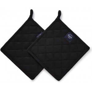 Encasa XO Heat Resistant Cotton Pot Holders with Hanging Loop - Set of 2 - Full Black - Multipurpose Quilted Everyday Hot Pad for Kitchen, Camping, BBQ & Microwave - 8x8 in