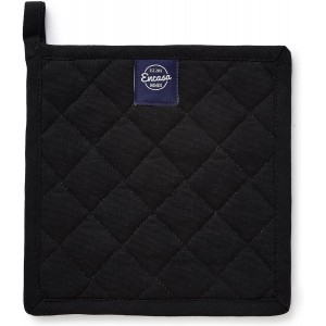 Encasa XO Heat Resistant Cotton Pot Holders with Hanging Loop - Set of 2 - Full Black - Multipurpose Quilted Everyday Hot Pad for Kitchen, Camping, BBQ & Microwave - 8x8 in