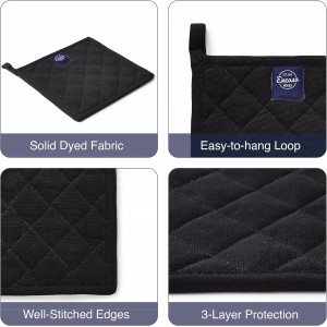 Encasa XO Heat Resistant Cotton Pot Holders with Hanging Loop - Set of 2 - Full Black - Multipurpose Quilted Everyday Hot Pad for Kitchen, Camping, BBQ & Microwave - 8x8 in