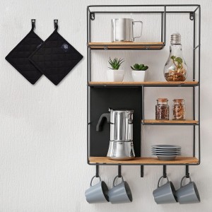 Encasa XO Heat Resistant Cotton Pot Holders with Hanging Loop - Set of 2 - Full Black - Multipurpose Quilted Everyday Hot Pad for Kitchen, Camping, BBQ & Microwave - 8x8 in